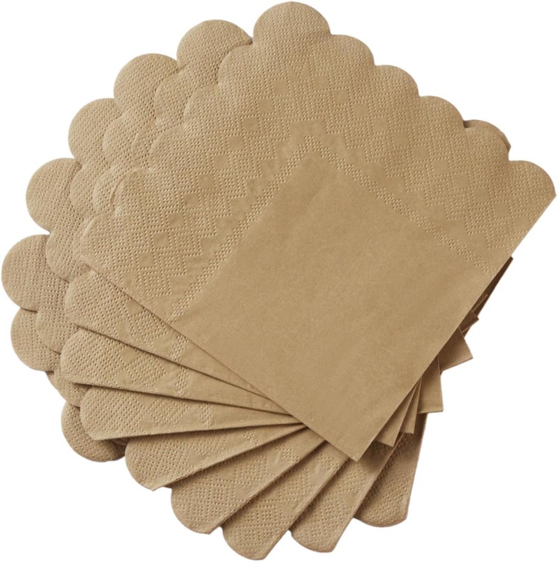 BEFORYOU 100 Pack Cocktail Napkin 2-Ply Scalloped Edged Dessert Napkins Folded 5 x 5 Inches Disposable Napkins for Dinner Wedding Birthday Party Bridal Anniversary Reception Event (Brown) - Image 5